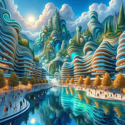 Primary subject: A city with a large body of water, surrounded by buildings and a mountain.

Setting/background: The city is located in a futuristic setting, with a large body of water and a mountain in the background.

Visual style: The image is a digital art or illustration, featuring a surreal and imaginative cityscape.

Colors and mood: The colors in the image are predominantly blue and green, creating a serene and calming atmosphere.